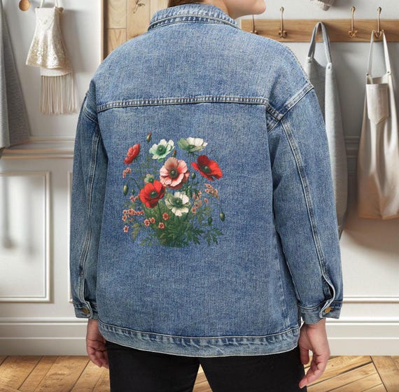 Denim Jacket, Red Poppies Women's Outerwear, Floral Art Clothing