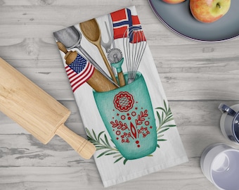 Norwegian Kitchen Soft Tea Towel, Beautiful Norwegian design with flag of Norway. Decorative kitchen gift.