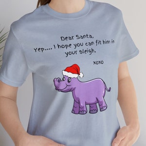 Linda camiseta unissex Hipopótamo de Natal de manga curta, eu quero um hipopótamo para o Natal