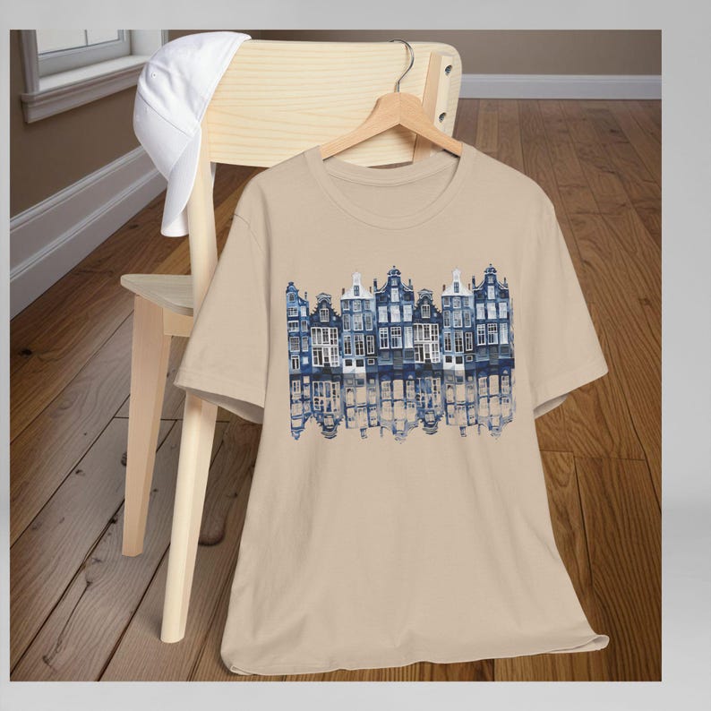 Unisex Amsterdam Tee Canal Houses Architecture Design Dutch Heritage Travel Gift Holland Souvenir Shirt Delft Blue Graphic Print Netherlands Culture Apparel Comfortable Cotton Jersey Casual Wear Top European Travel Present World Traveler