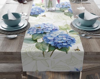 Hortensia-bordlöpare, köksinredning, hortensia-heminredning, blommig bordlöpare, lantkök, Cape Cod-heminredning, hortensiapresent