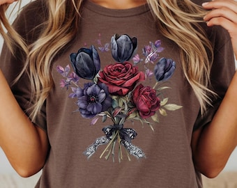 Dark Floral Bouquet T-Shirt | Red Rose, Black Tulips, Gothic Romance