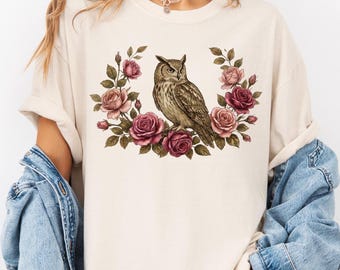 Camiseta vintage de búho con rosas / Camiseta floral de búho, diseño Cottage Core