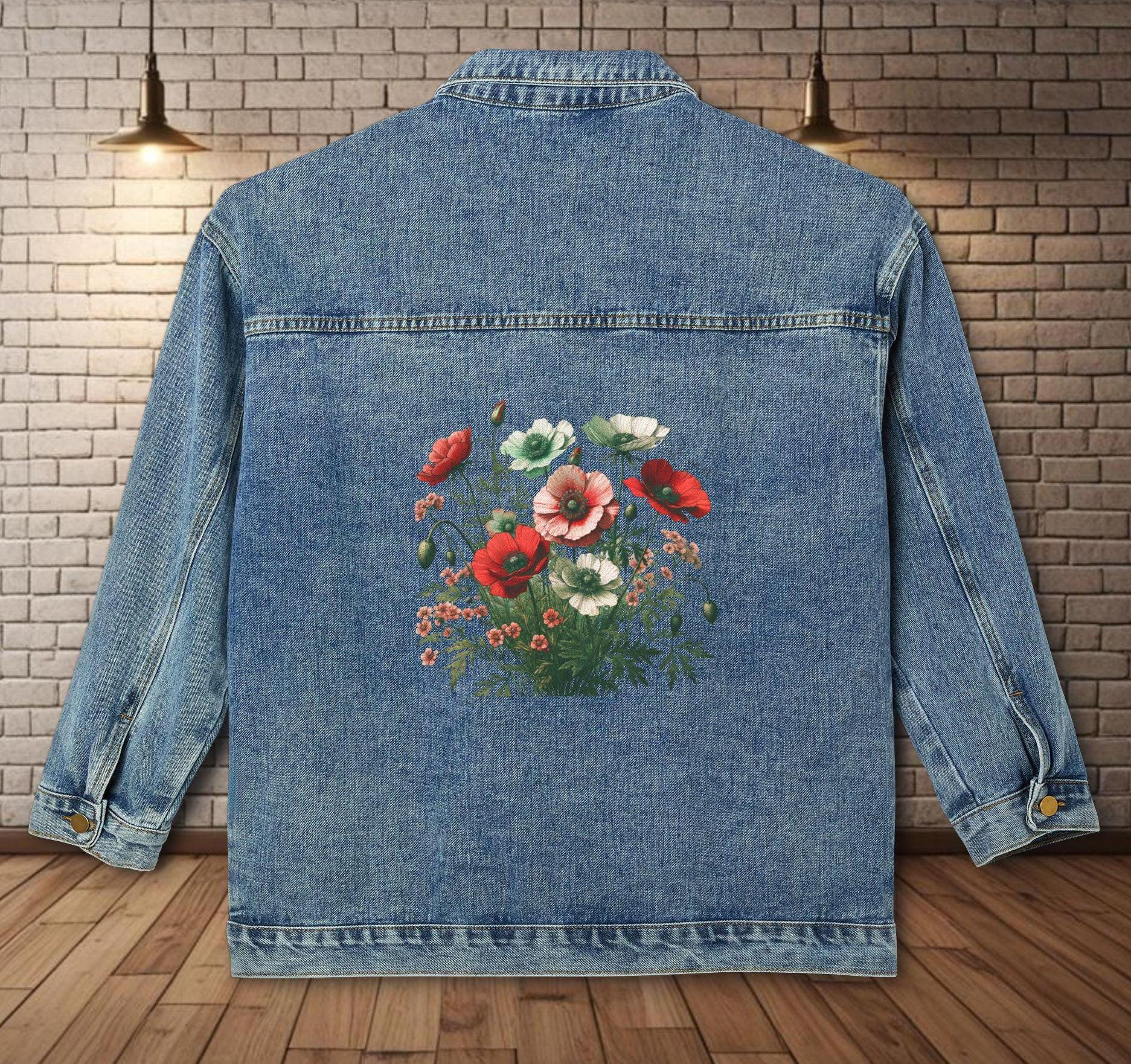 Denim Jacket, Red Poppies Women's Outerwear, Floral Art Clothing