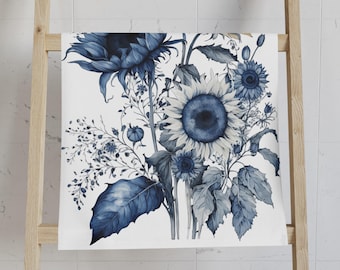 Blue Sunflower Bouquet Hand Towel | Delft Blue Watercolor Floral Kitchen Towel