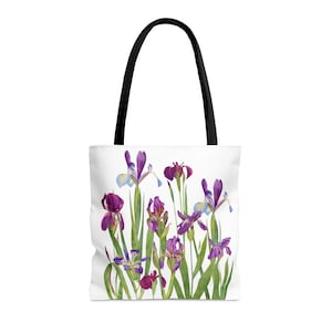 Purple iris all purpose Tote Bag. BOOK BAG, Fashionable tote bag or shopping bag. Spring Dutch Iris gift. Designer iris tote bag