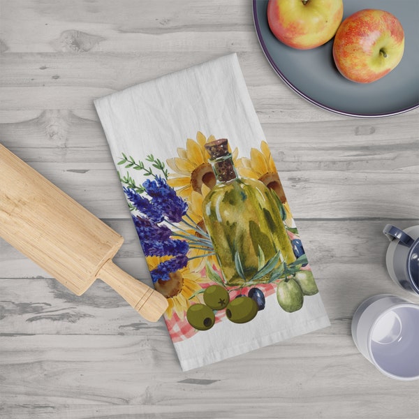 Olives, Sunflowers and Lavender Soft Tea Towel, Rustic Kitchen floral design. Tuscan Kitchen decor