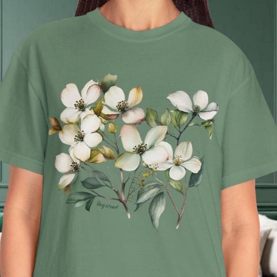 ハナミズキの花柄Tシャツ、ボタニカルプリントのソフトコットンTシャツ