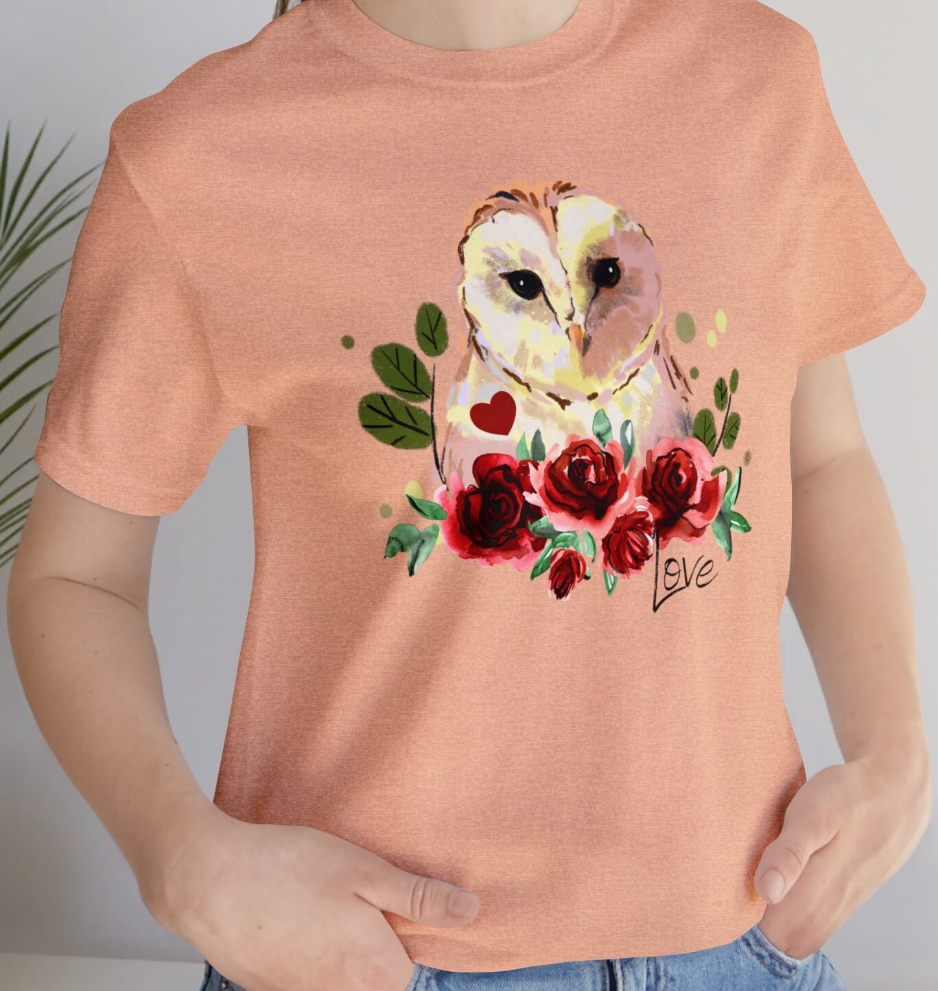 Beautiful owl Jersey Short Sleeve Tee, Owl t-shirt for Valentines Day. Cottage core Gift for your Va