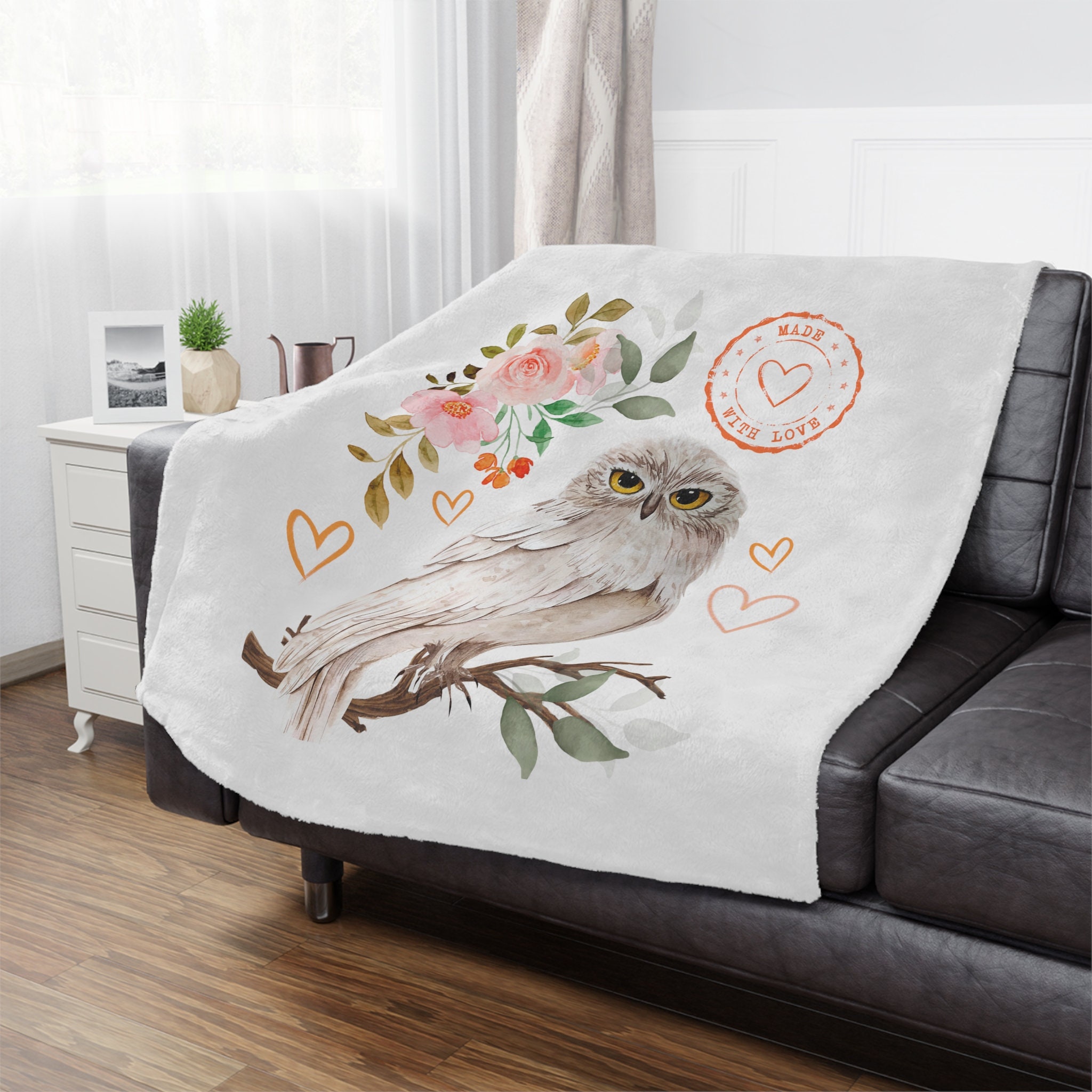 Beautiful owl with flowers Minky Blanket, Micro fleece ultra fine microfiber throw blanket with owl 