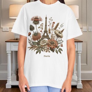Botanical France Paris Unisex Garment-Dyed T-shirt, French Floral Tee, Eiffel Tower Shirt, Nature Lover Gift, Vintage Botanical Garden Top