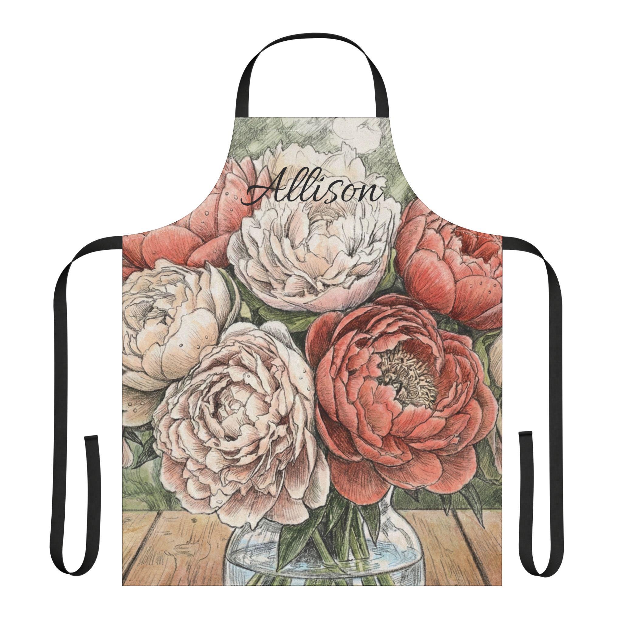 Peony Bouquet Personalized Apron Polyester Canvas Floral, 5-Color Straps