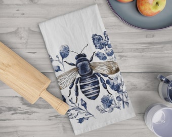 Delft blue bumble bee kitchen Soft Tea Towel - Large cotton dishtowel. Holland design, Blue and white kitchen towel