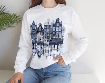 Amsterdam Canal Houses Unisex Heavy Blend™ Crewneck Sweatshirt, Delft Blue Dutch Canal House Design, Holland sweatshirt