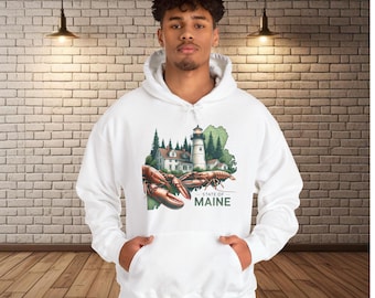 Maine Lobster and Lighthouse Unisex Hoodie, Coastal New England Nautical Sweatshirt, Maine Vacation Gift, Travel Souvenir, Maine Lobster