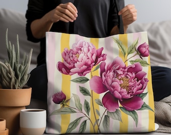 Floral Peony Tote Bag: Chic Polyester Shopping Bag