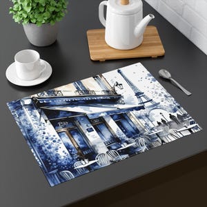 Paris Placemat, Beautiful Parisian Delft Blue Art Kitchen Decor - French Dining Table Mat, Elegant Place Setting, Home Decor, Table Linens,