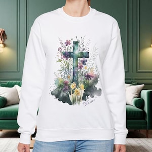 Christian Cross Sweatshirt, Easter Spring Floral Jumper, Unisex Crewneck Pullover, Religious Gift, Pastel Graphic Top with cross and flowers