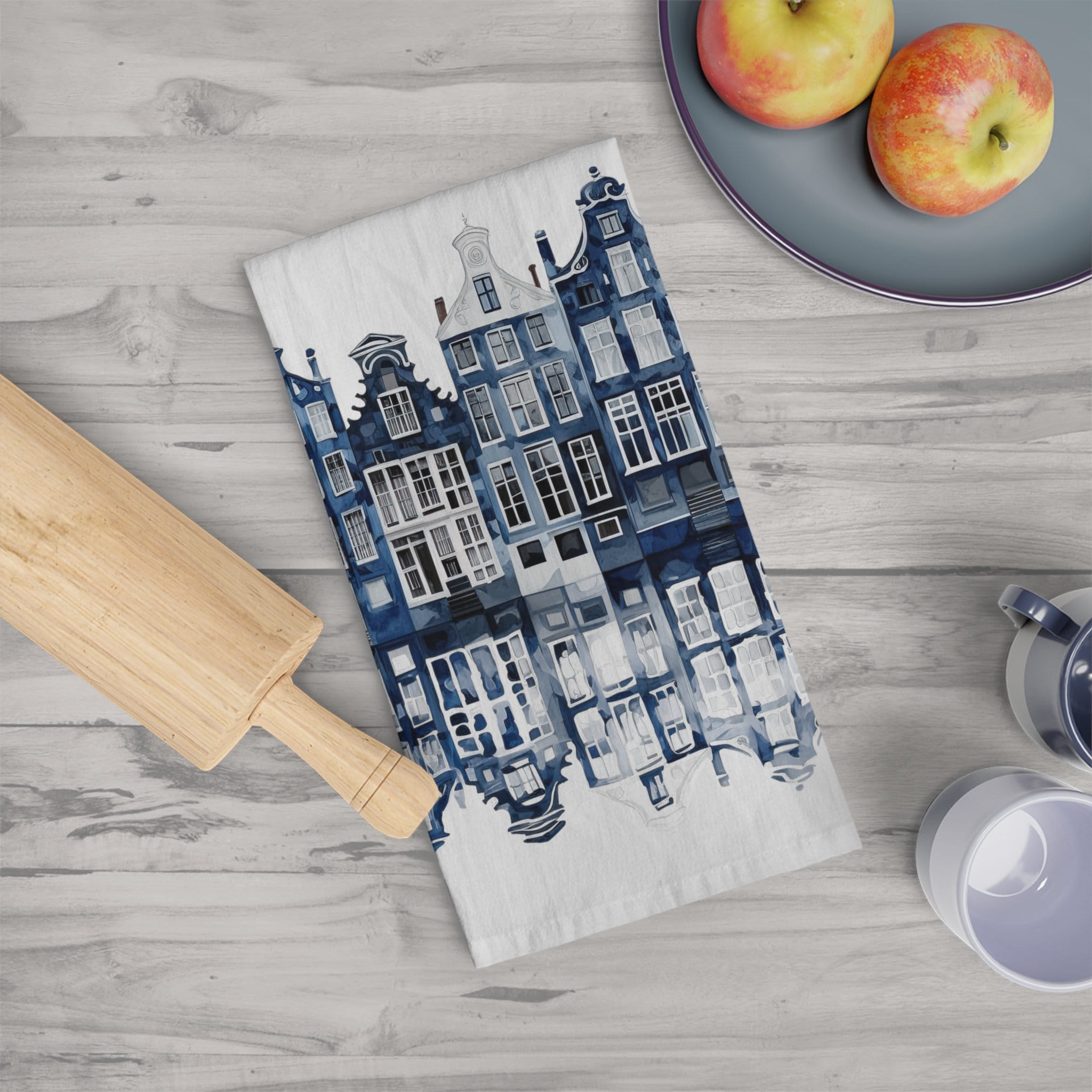 Amsterdam Canal House Delft Blue Tea Towel, Dutch canal houses, Large cotton tea towel, easy for folding and display.