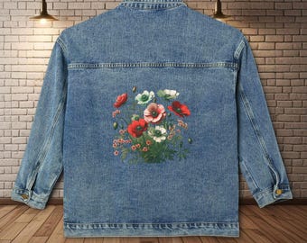 Denim Jacket, Red Poppies Women's Outerwear, Floral Art Clothing
