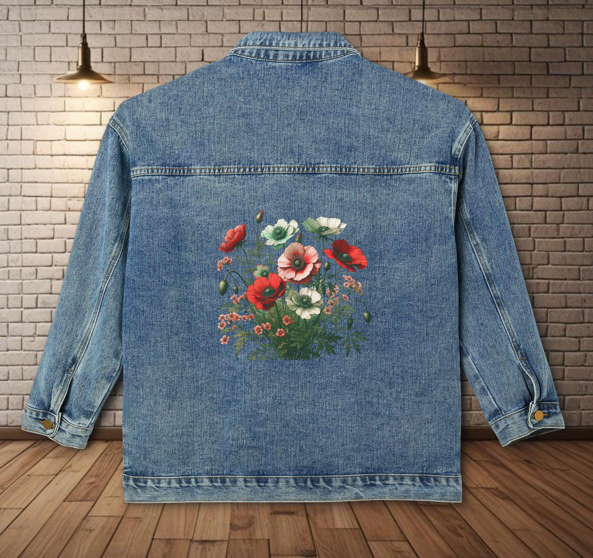 Denim Jacket, Red Poppies Women's Outerwear, Floral Art Clothing