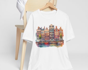 Amsterdam Kanal Häuser Tee, Holland bunte holländische Aquarelle T-Shirt, Unisex Jersey Kurzarm Shirt, Amsterdam Geschenk, Niederlande Top,