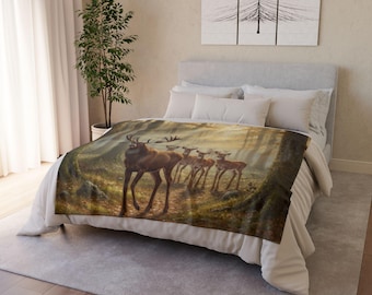 Manta con majestuosa familia de ciervos / Escena de ciervos en el bosque, regalo para cazadores y amantes de la naturaleza