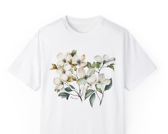 ハナミズキの花柄Tシャツ、ボタニカルプリントのソフトコットンTシャツ