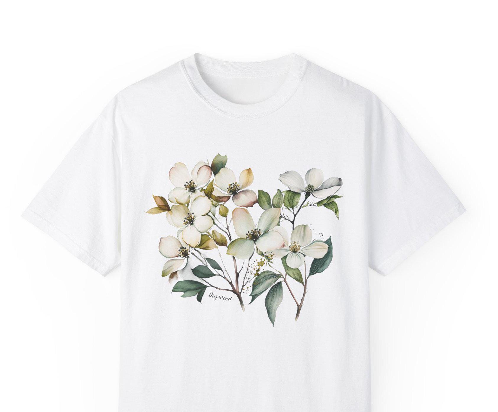 ハナミズキの花柄Tシャツ、ボタニカルプリントのソフトコットンTシャツ