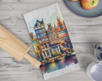 Amsterdam Canal Houses Watercolor Art Tea Towel, Holland Gift for Kitchen, Cotton Kitchen Towel Home Decor, Housewarming Gift, Dutch Tea