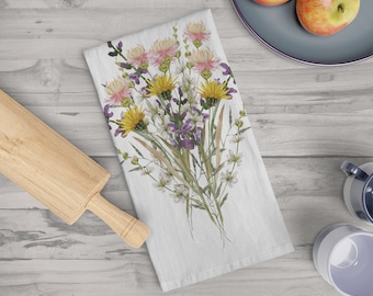 Wildflowers Soft Tea Towel, Cotton decorative dishtowel with summer wildflowers. 100% cotton kitchen towel.