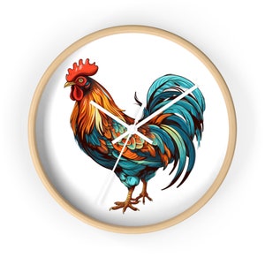 Wall Clock- Beautiful, colorful rooster, 11in wooden frame, plexi glass face