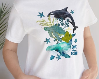 Save the Ocean Unisex Jersey Short Sleeve Tee, Sea life summer time t-shirt, Beach time tees for summertime. Marine Biology shirt