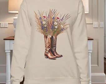 Cottage Core Cowgirl Sweatshirt, Wildflower Western Wear, Gift for Cowgirl, Cowboy Boots Sweater, Country Girl Pullover, Rodeo Apparel