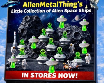 Miniaturas do Alien Spaceship Dude e do Beam Me Up Dudes que brilham no escuro.