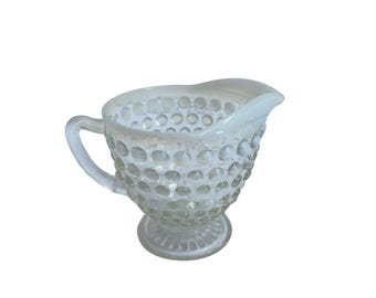 Vintage Anchor Hocking Moonstone Clear Opalescent Hobnail Glass Creamer Pitcher Footed Milk Glass