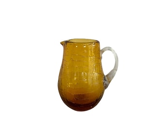 Vintage Amber Hand Blown Crackle Glass Pitcher Clear Handle Small Glass Creamer Mid Century Vase