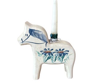 Vintage Handpainted Wooden Dala Horse Candlestick Holder - Swedish Folk Art Decor - Vintage Scandinavian Wooden Hand Painted Dala Horse