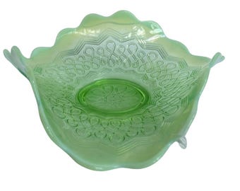 Antique 1900-1909 Jefferson Green Glass Opalescent #247 Many Loops Green Opalescent Bowl - Vintage Green Glass Candy Dish