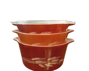 Vintage Pyrex Autumn Harvest Wheat Nesting Casserole Set 471-B 472-B 473-B with Glass Lid
