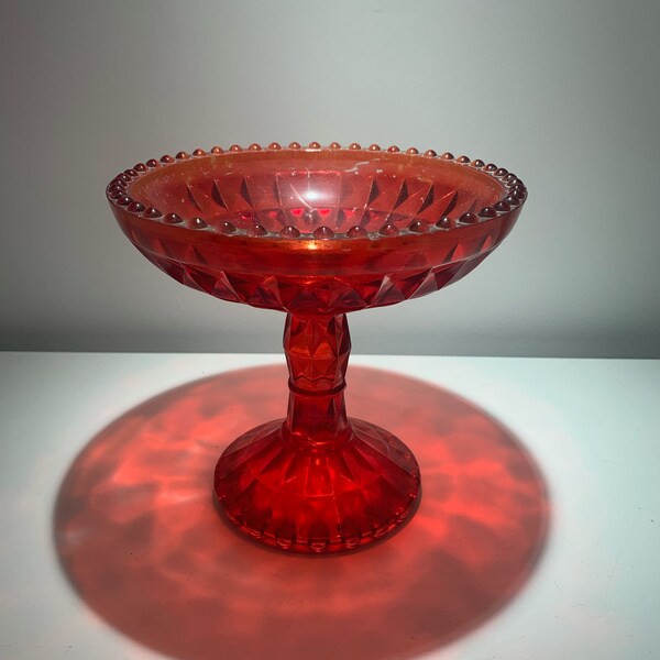 Jeanette Glass Co Ruby Flash Red Pedestal/Candy Dish. 1950s Vintage Footed Compote, Diamond Point Pattern. Vintage Ruby Red Glassware.