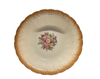 Vintage 1947 Homer Laughlin Serving Bowl 9 Inch Floral Orange Rim Airbrushed Flower Bowl Mid Century Pottery