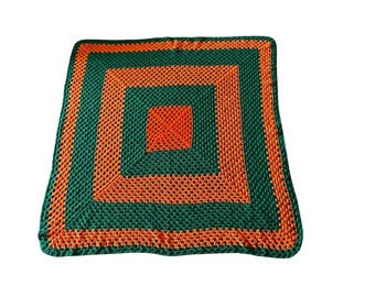 Vintage 1970s Crochet Afghan Blanket 65x65 Green Orange Granny Square Throw Retro Boho Cottagecore Mid Century Home Decor