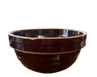 Vintage 9" Brown USA Stoneware McCoy Style Mixing Bowl - Brown Stoneware Mixing Bowl - Brown Glaze Stoneware Ribbed Crock Mixing Bowl