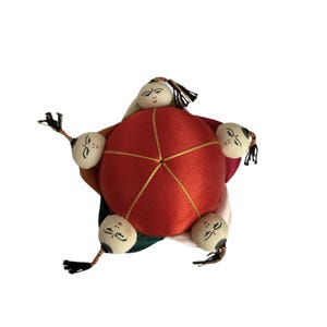 Vintage Chinese Red Round Silk Pincushion With 5 Chinese Figures/Dolls Holding Hands. Chinese Pin Cushion. Japanese Pin Cushion