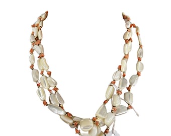 Vintage White Mother of Pearl MOP 3 Tier Angel Skin Coral Chips 25" Necklace - Mother of Pearl & Angel Skin Coral Necklace - Vintage Jewelry