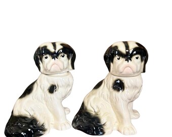 Vintage Pair of Japanese Chin Dog Ceramic Decanter Figurines - Mid Century Ceramic Dog Bottles - Vintage Japanese Chin Dog Figurines
