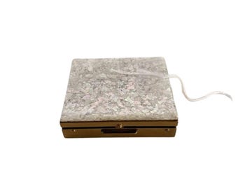 Vintage 1950s Confetti Lucite Compact White Iridescent Glitter Powder Case Mirror Gold Tone Vanity - Vintage Lucite Compacts-  Retro Vanity