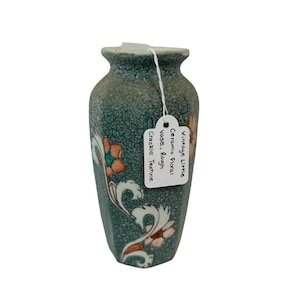 Vintage Blue Green Floral Ceramic Vase Small Crackle Glaze Vase Rustic Cottage Decor Vintage Flower Vase