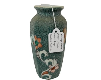 Vintage Blue Green Floral Ceramic Vase Small Crackle Glaze Vase Rustic Cottage Decor Vintage Flower Vase